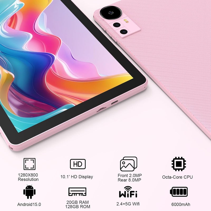 CUPEISI Android 15 Tablet 10 Inch, 20GB RAM+128GB ROM/ 2TB Expandable, 2.0GHz Quad-core Processor, 1280*800 HD Screen, 5G WiFi6 BT 5.0, 2 in 1 Tablets with Keyboard Case Mouse Stylus, Widevine L1 Pink - Image 3